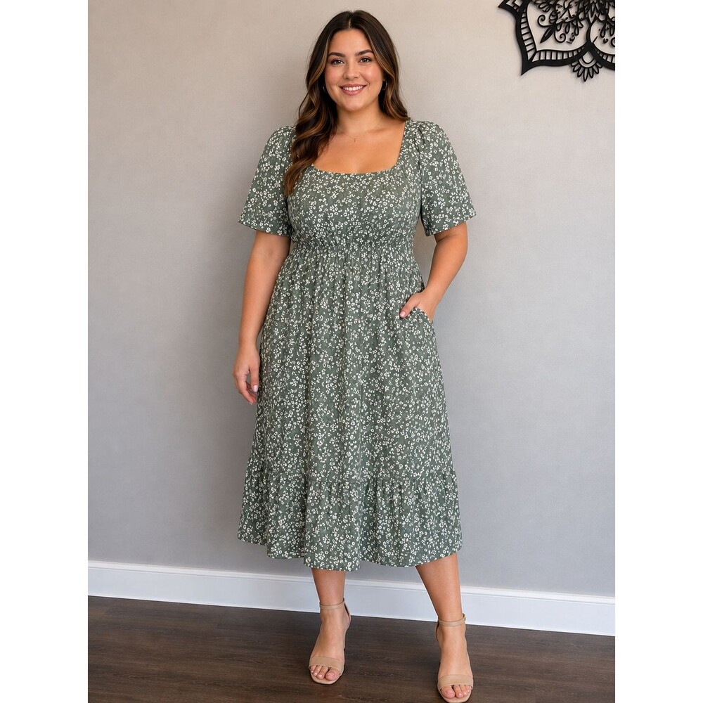 Bloomchic 10 ditsy floral square neck smock green dress frill cottagecore